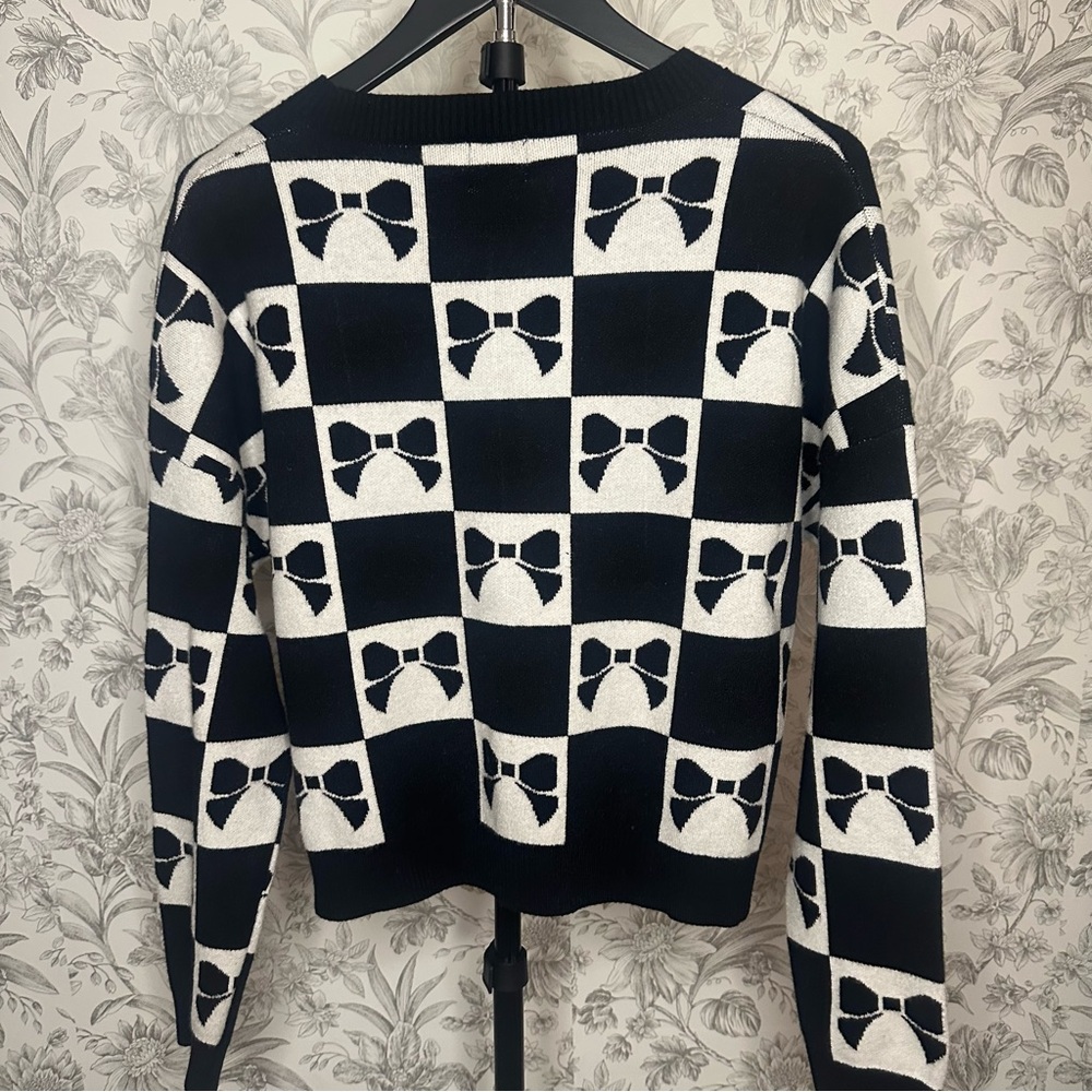 Luna Ivy Black & White Checkered Bow Knit Pullover Sweater Size Large T8722 - Picture 3 of 7